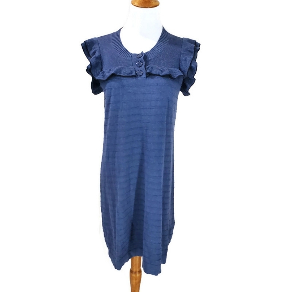 See by Chloe Womens Cotton Knit Ruffled Short Sleeve Sweater Dress Navy Size M